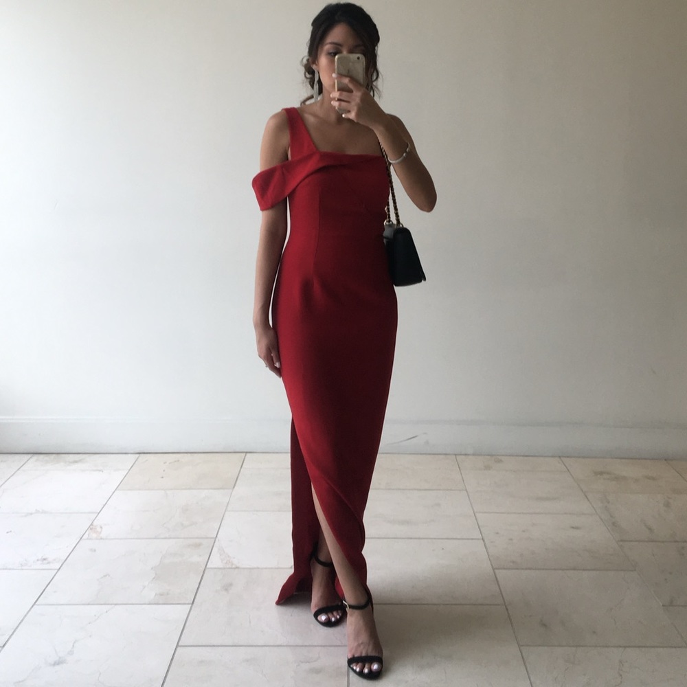 Red maxi gown with side slit